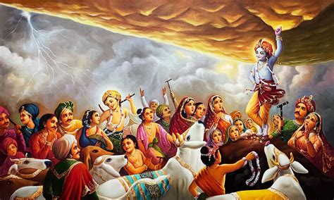  “Krishna Lifting Mount Govardhan” Una Mezcla Vibrante de Devoción y Poder Colosal